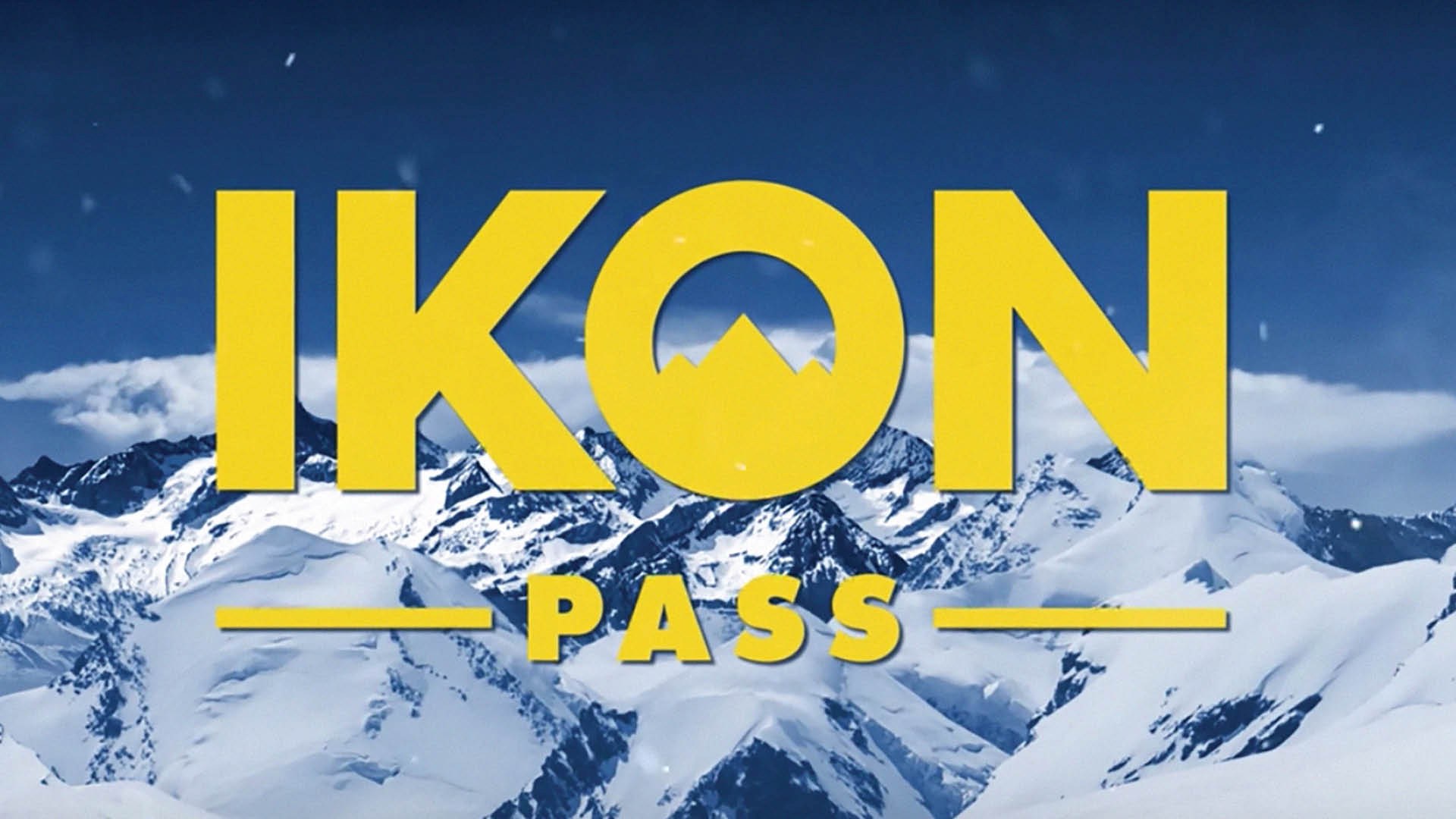 Ikon Pass logo over a snow-covered mountain backdrop
