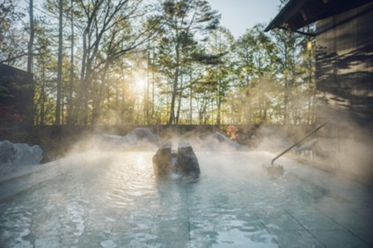 Steaming public bathhouse in Kusatsu Onsen town, Gunma Prefecture, Japan