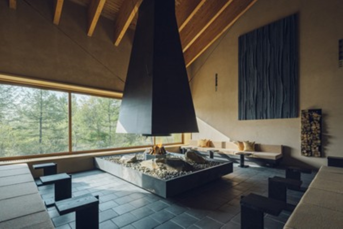 Central fireplace in the Fireplace Lounge at KAI Kusatsu