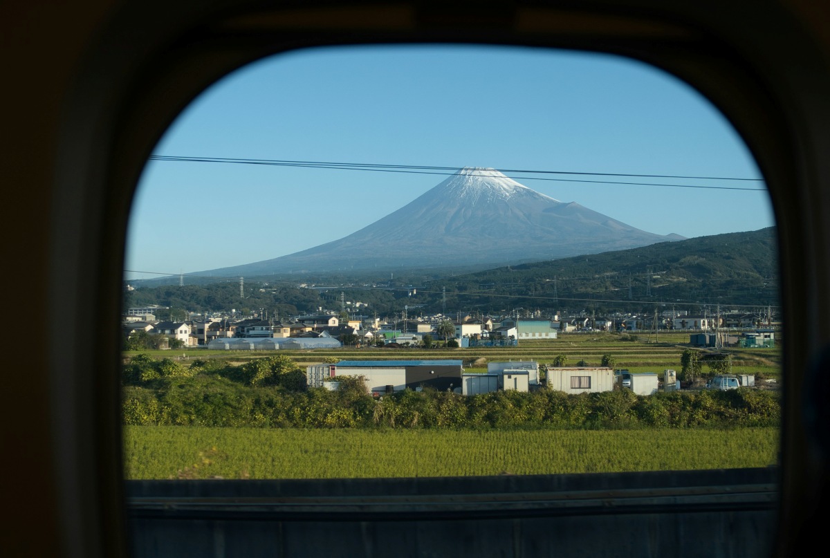 Mt Fuji seen from a train window in Japan