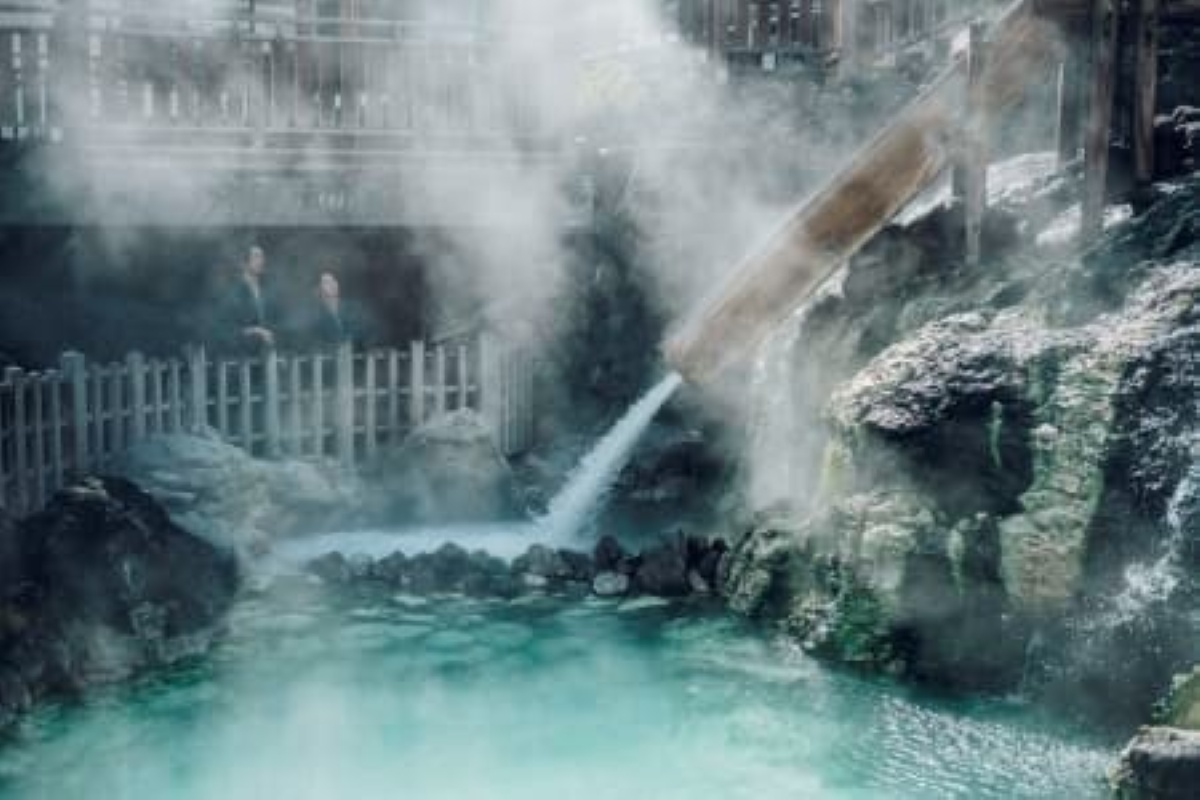 Hot spring water flowing at the Yubatake, Kusatsu Onsen